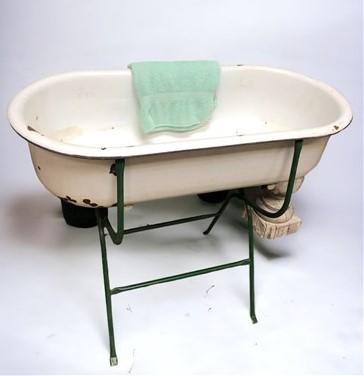 Vintage Hungarian Porcelain Baby Bath Tub w/Stand, Farmhouse Garden Planter A13,