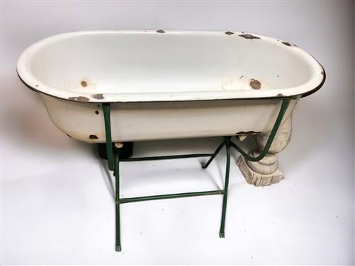 Vintage Hungarian Porcelain Baby Bath Tub w/Stand, Farmhouse Garden Planter A13,