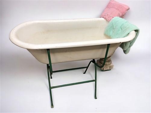 Vintage Hungarian Porcelain Baby Bath Tub w/Stand, Farmhouse Garden Planter A14,