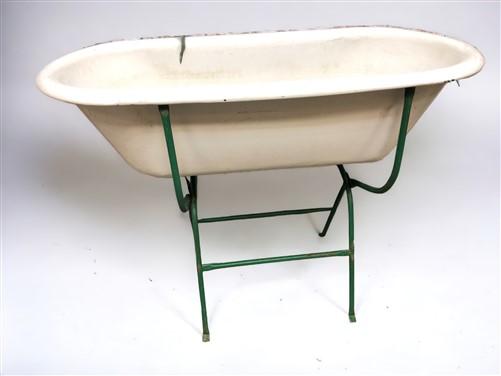 Vintage Hungarian Porcelain Baby Bath Tub w/Stand, Farmhouse Garden Planter A14,