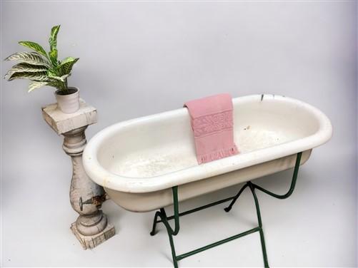 Vintage Hungarian Porcelain Baby Bath Tub w/Stand, Farmhouse Garden Planter A16,