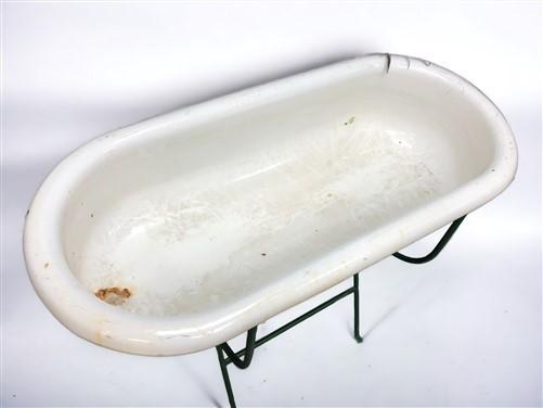 Vintage Hungarian Porcelain Baby Bath Tub w/Stand, Farmhouse Garden Planter A16,