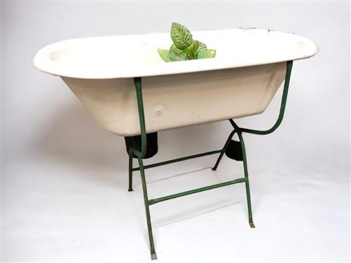 Vintage Hungarian Porcelain Baby Bath Tub w/Stand, Farmhouse Garden Planter A17,