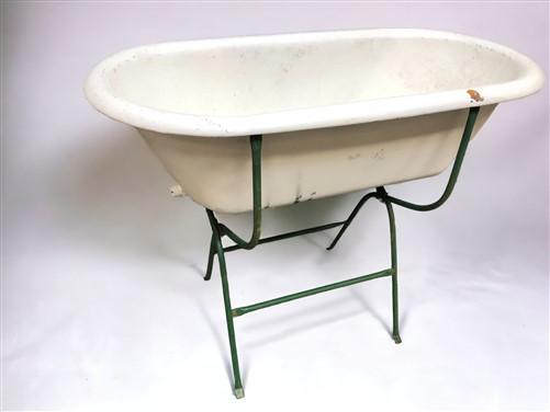 Vintage Hungarian Porcelain Baby Bath Tub w/Stand, Farmhouse Garden Planter A17,