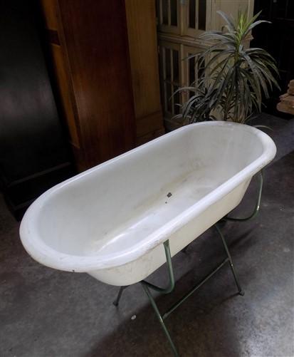 Vintage Hungarian Porcelain Baby Bath Tub w/Stand, Farmhouse Garden Planter A20,