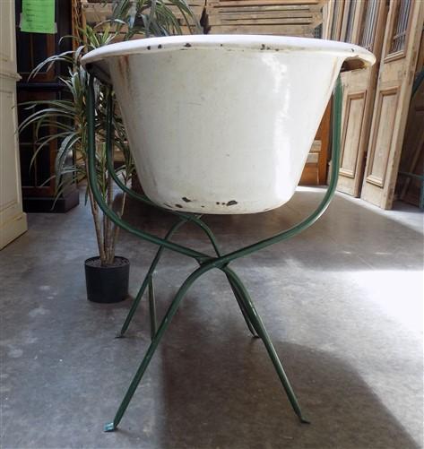 Vintage Hungarian Porcelain Baby Bath Tub w/Stand, Farmhouse Garden Planter A20,