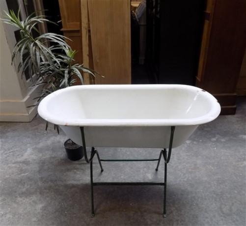 Vintage Hungarian Porcelain Baby Bath Tub w/Stand, Farmhouse Garden Planter A21,