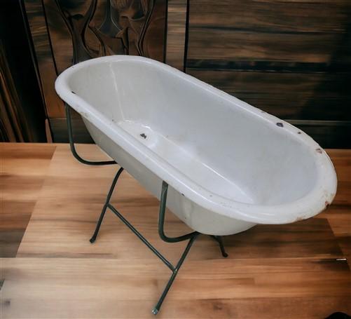 Vintage Hungarian Porcelain Baby Bath Tub w/Stand, Farmhouse Garden Planter A23,