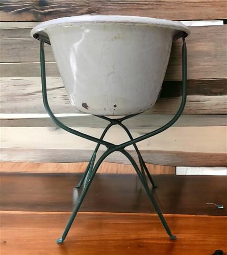 Vintage Hungarian Porcelain Baby Bath Tub w/Stand, Farmhouse Garden Planter A23,