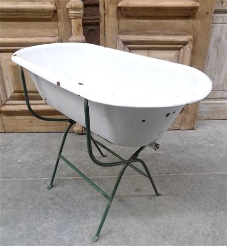 Vintage Hungarian Porcelain Baby Bath Tub w/Stand, Farmhouse Garden Planter A31,