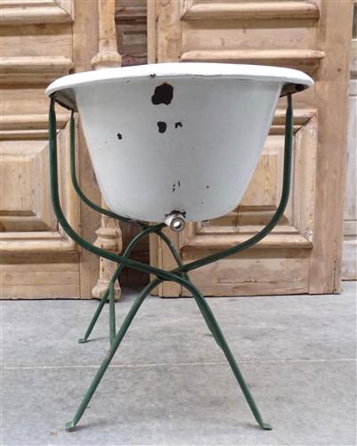 Vintage Hungarian Porcelain Baby Bath Tub w/Stand, Farmhouse Garden Planter A31,