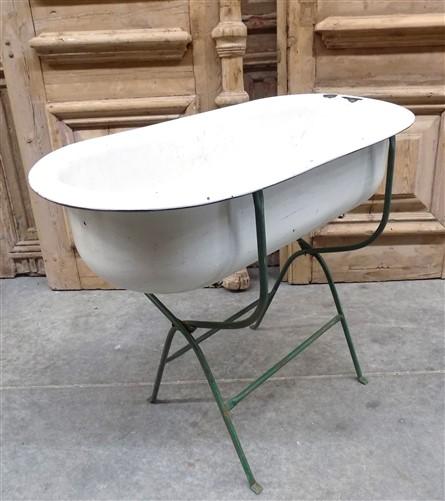 Vintage Hungarian Porcelain Baby Bath Tub w/Stand, Farmhouse Garden Planter A30,