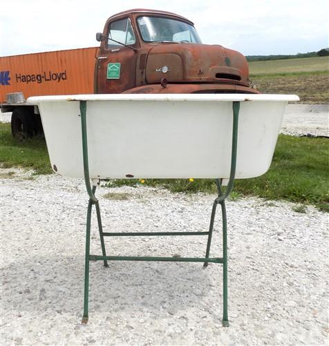 Vintage Hungarian Porcelain Baby Bath Tub w/Stand, Farmhouse Garden Planter A29,