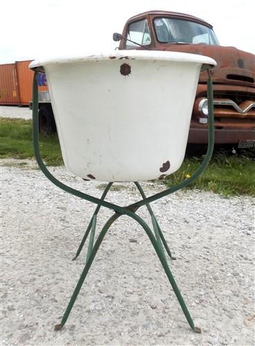 Vintage Hungarian Porcelain Baby Bath Tub w/Stand, Farmhouse Garden Planter A29,