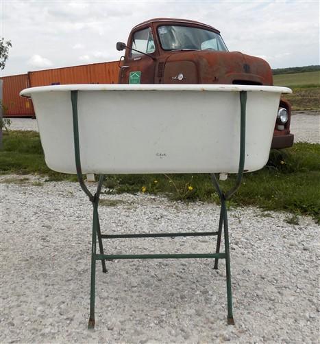 Vintage Hungarian Porcelain Baby Bath Tub w/Stand, Farmhouse Garden Planter A29,