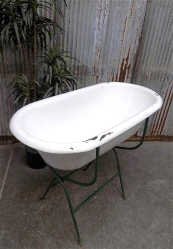 Vintage Hungarian Porcelain Baby Bath Tub w/Stand, Farmhouse Garden Planter A27,