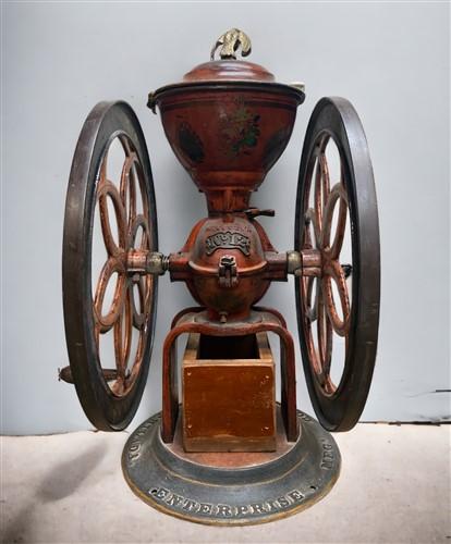 Popular Antique Coffee Grinder Mill Brown Embossed Tin Metal Hand Crank Circa 1900s