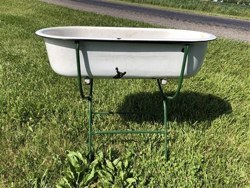 Vintage Hungarian Porcelain Baby Bath Tub w/Stand, Farmhouse Garden Planter A45,