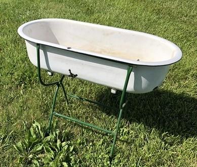 Vintage Hungarian Porcelain Baby Bath Tub w/Stand, Farmhouse Garden Planter A45,