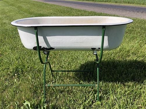 Vintage Hungarian Porcelain Baby Bath Tub w/Stand, Farmhouse Garden Planter A45,