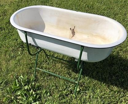 Vintage Hungarian Porcelain Baby Bath Tub w/Stand, Farmhouse Garden Planter A45,