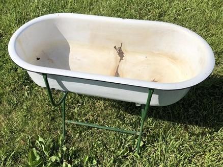 Vintage Hungarian Porcelain Baby Bath Tub w/Stand, Farmhouse Garden Planter A45,