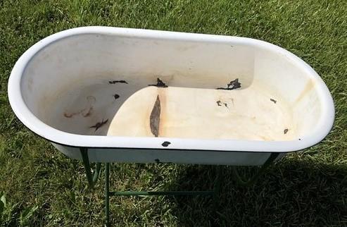 Vintage Hungarian Porcelain Baby Bath Tub w/Stand, Farmhouse Garden Planter A45,