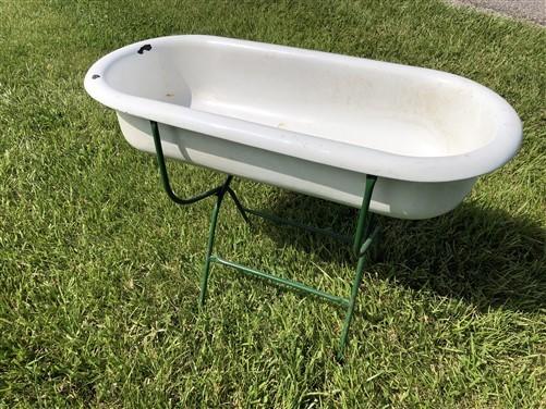 Vintage Hungarian Porcelain Baby Bath Tub w/Stand, Farmhouse Garden Planter A46,