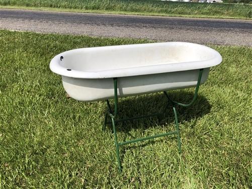 Vintage Hungarian Porcelain Baby Bath Tub w/Stand, Farmhouse Garden Planter A46,