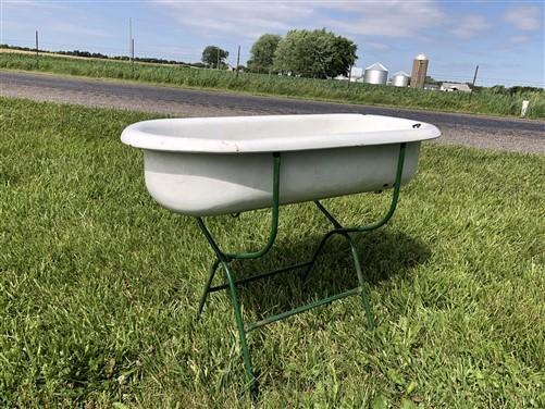 Vintage Hungarian Porcelain Baby Bath Tub w/Stand, Farmhouse Garden Planter A46,