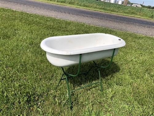 Vintage Hungarian Porcelain Baby Bath Tub w/Stand, Farmhouse Garden Planter A46,