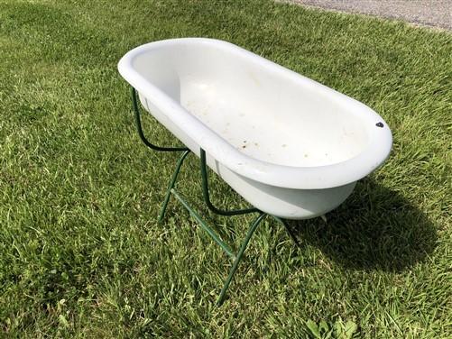 Vintage Hungarian Porcelain Baby Bath Tub w/Stand, Farmhouse Garden Planter A46,