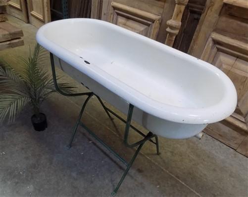 Vintage Hungarian Porcelain Baby Bath Tub w/Stand, Farmhouse Garden Planter A41,