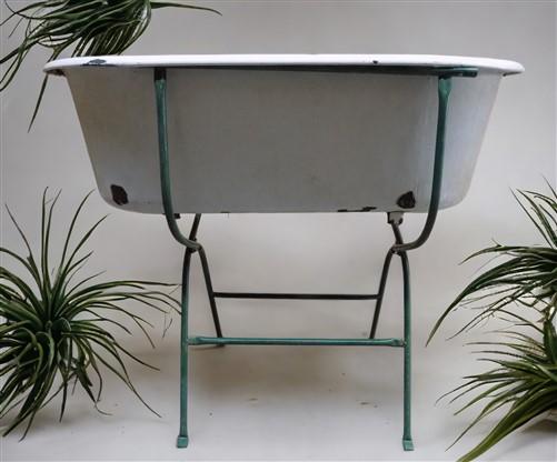 Vintage Hungarian Porcelain Baby Bath Tub w/Stand, Farmhouse Garden Planter A34,