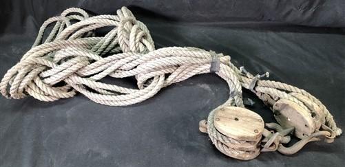 Vintage Block & Tackle, Hemp Rope, Metal Barn Tool, Farm Country Rustic Decor K,