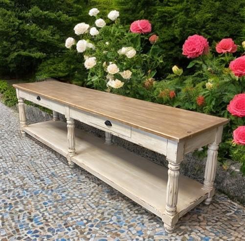 10' Antiqued Kitchen Island with Drawers, Store Counter Display Harvest Table