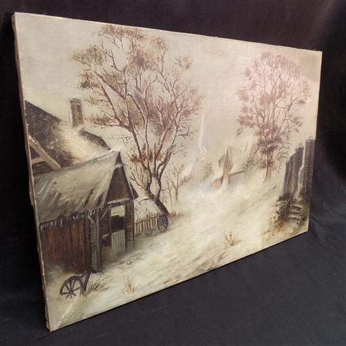 1880s Midwest Landscape Painting on Canvas, Original Art Winter Village, C