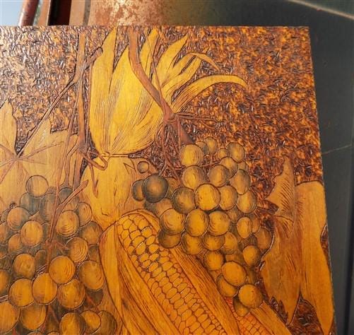 1905 Hand Carved Wood Folk Art, Pyrography Vintage Americana, Autumn Harvest