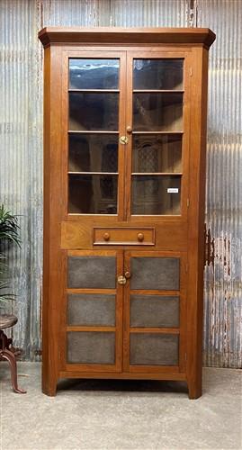 Primitive Glass Front Corner Cabinet, Display Case, Kitchen Pantry Cupboard