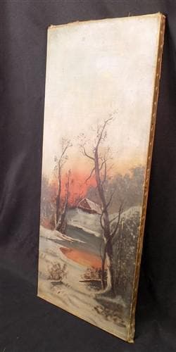 1900s American Folk Art Landscape Paint on Canvas, Original Art Winter Scene, B