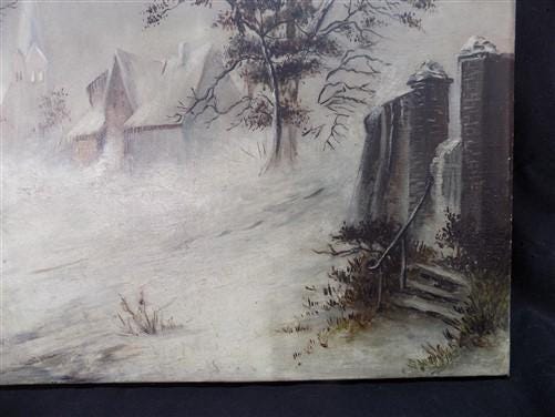 1880s Midwest Landscape Painting on Canvas, Original Art Winter Village, C