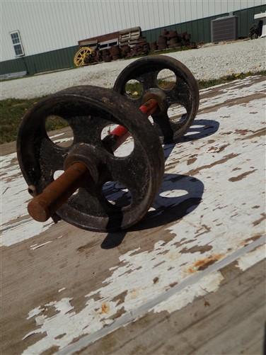 4 Factory Cart Wheels & 2 Axles Cast Iron Vintage Lineberry Industrial Wheel a17
