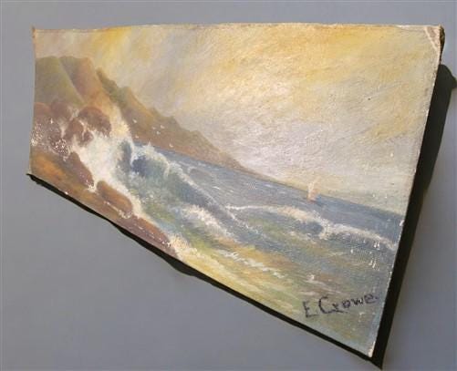 1920s E Crowe Seascape Painting on Canvas Board, Original Art Waterscape, Q