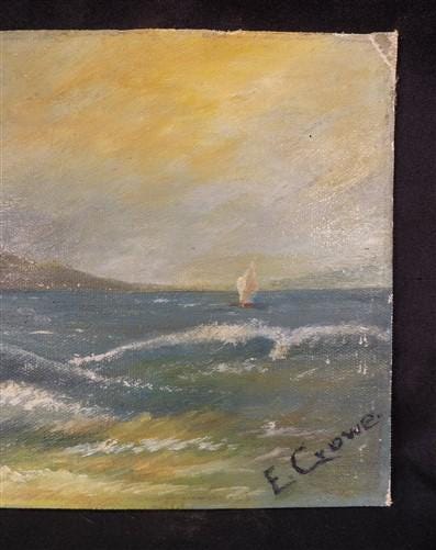 1920s E Crowe Seascape Painting on Canvas Board, Original Art Waterscape, Q