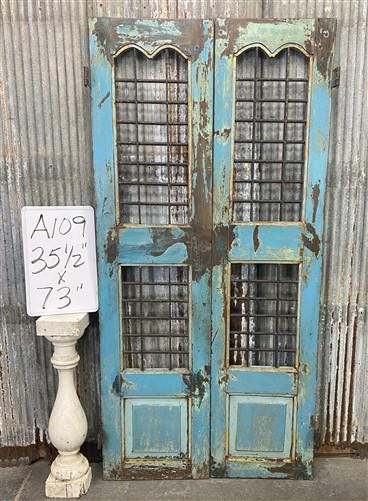 Vintage Indian Garden Gates, Carved Teak Metal Doors, Architectural Salvage A109