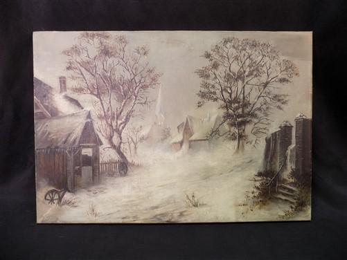 1880s Midwest Landscape Painting on Canvas, Original Art Winter Village, C