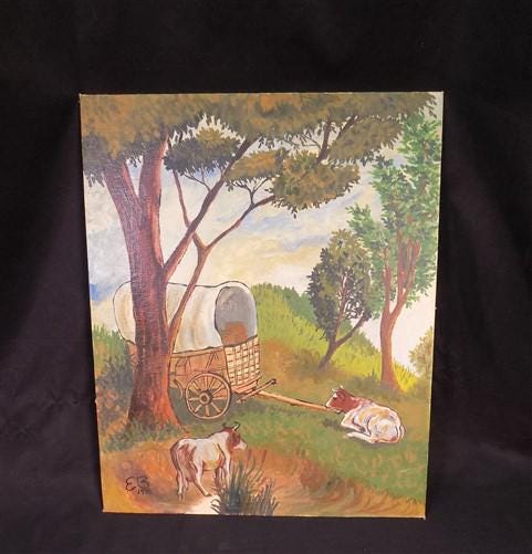 1975 EB American Folk Art Painting on Canvas, Covered Wagon Cattle Original Art