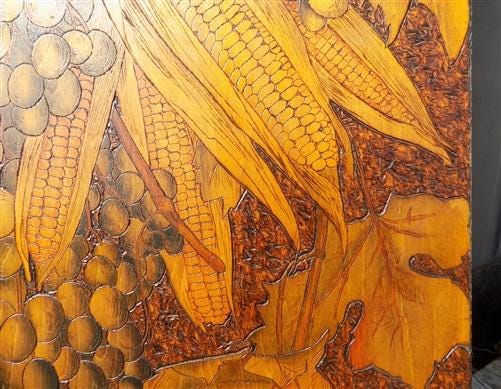 1905 Hand Carved Wood Folk Art, Pyrography Vintage Americana, Autumn Harvest