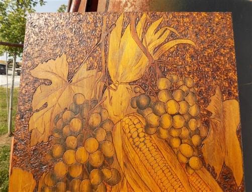 1905 Hand Carved Wood Folk Art, Pyrography Vintage Americana, Autumn Harvest