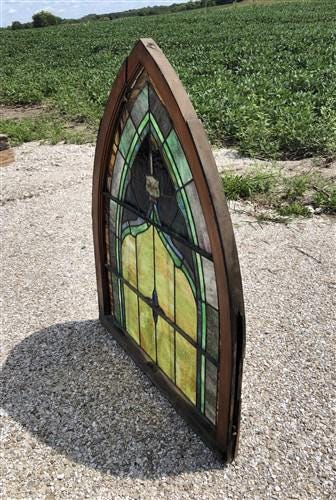 Antique Stained Glass, Arched Church Window, Architectural Leaded Glass, D